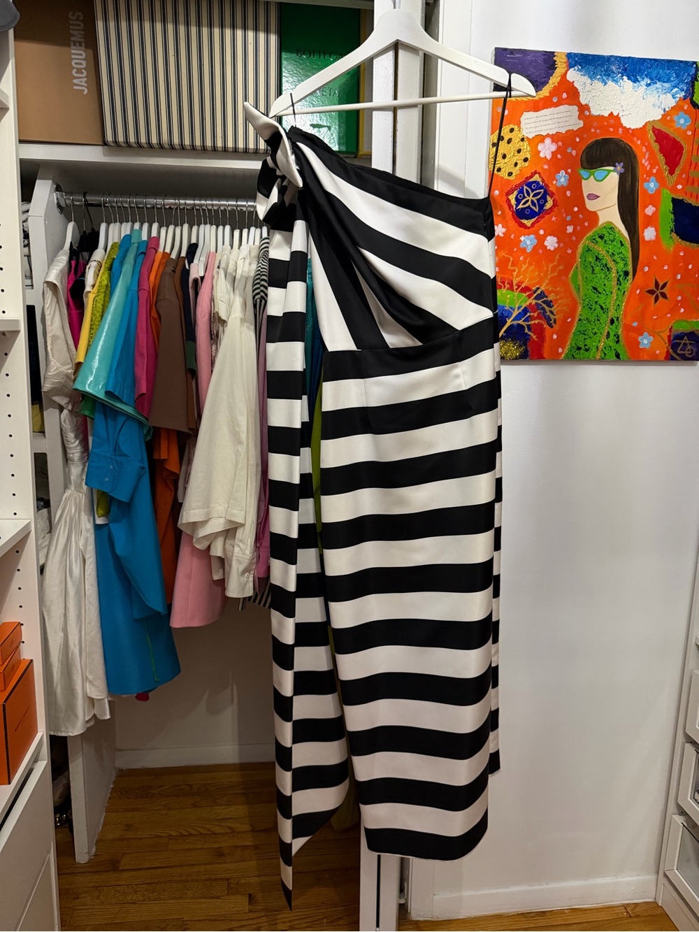 One-Shoulder Black & White Striped Formal Dress